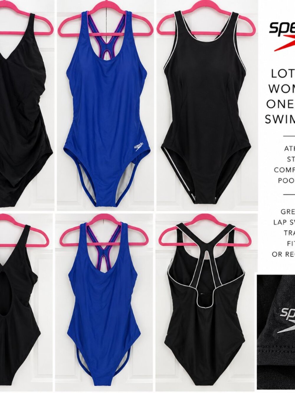 Lot of 3 Women’s Speedo One-Piece Swimsuits Black & Blue Racerback Athletic Swim
